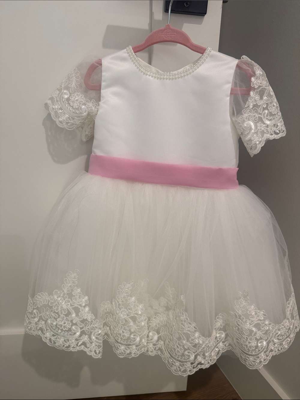 Itty Bitty Toes White and Pink Tulle Lace Formal Dress